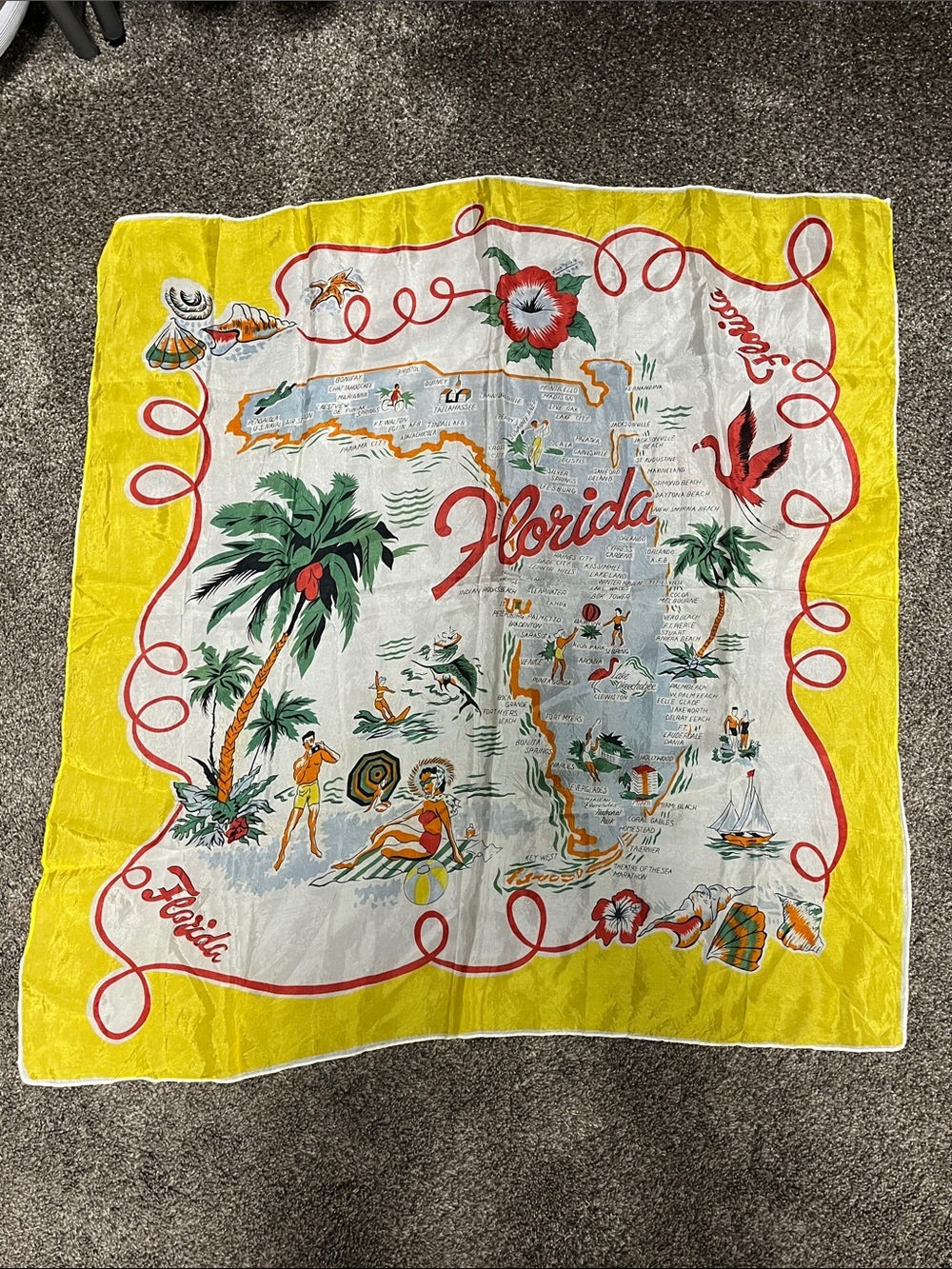 Rare Vintage 1950s/1960s Florida Souvenir Map Graphic Novelty Midcentury Scarf